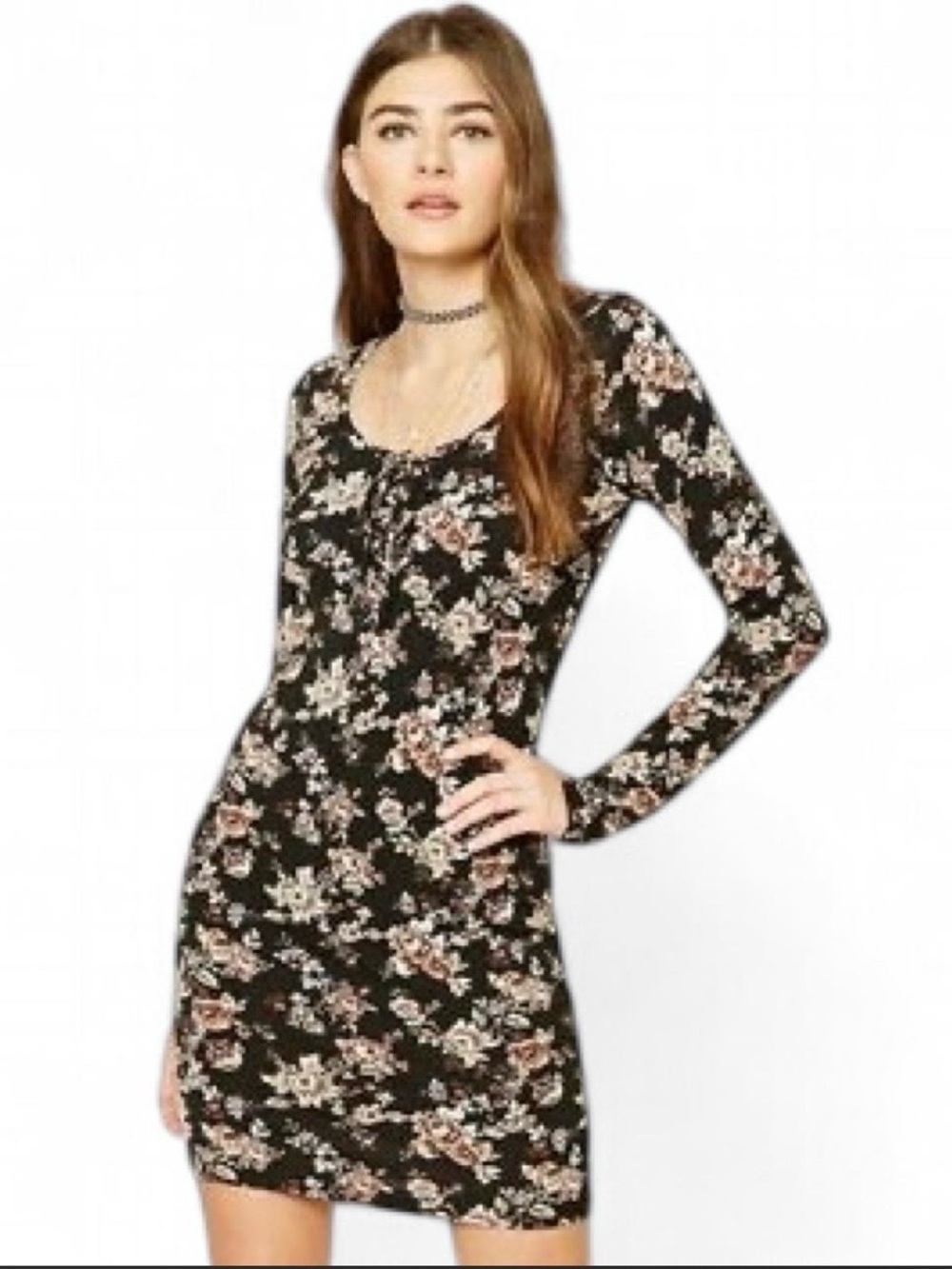 Forever 21 Floral Long Sleeve Mini Dress with Front Tie